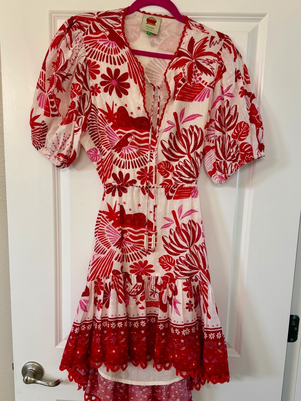 FARM Rio Red Pink Tropical Open Back Puff Sleeve Mini Dress M